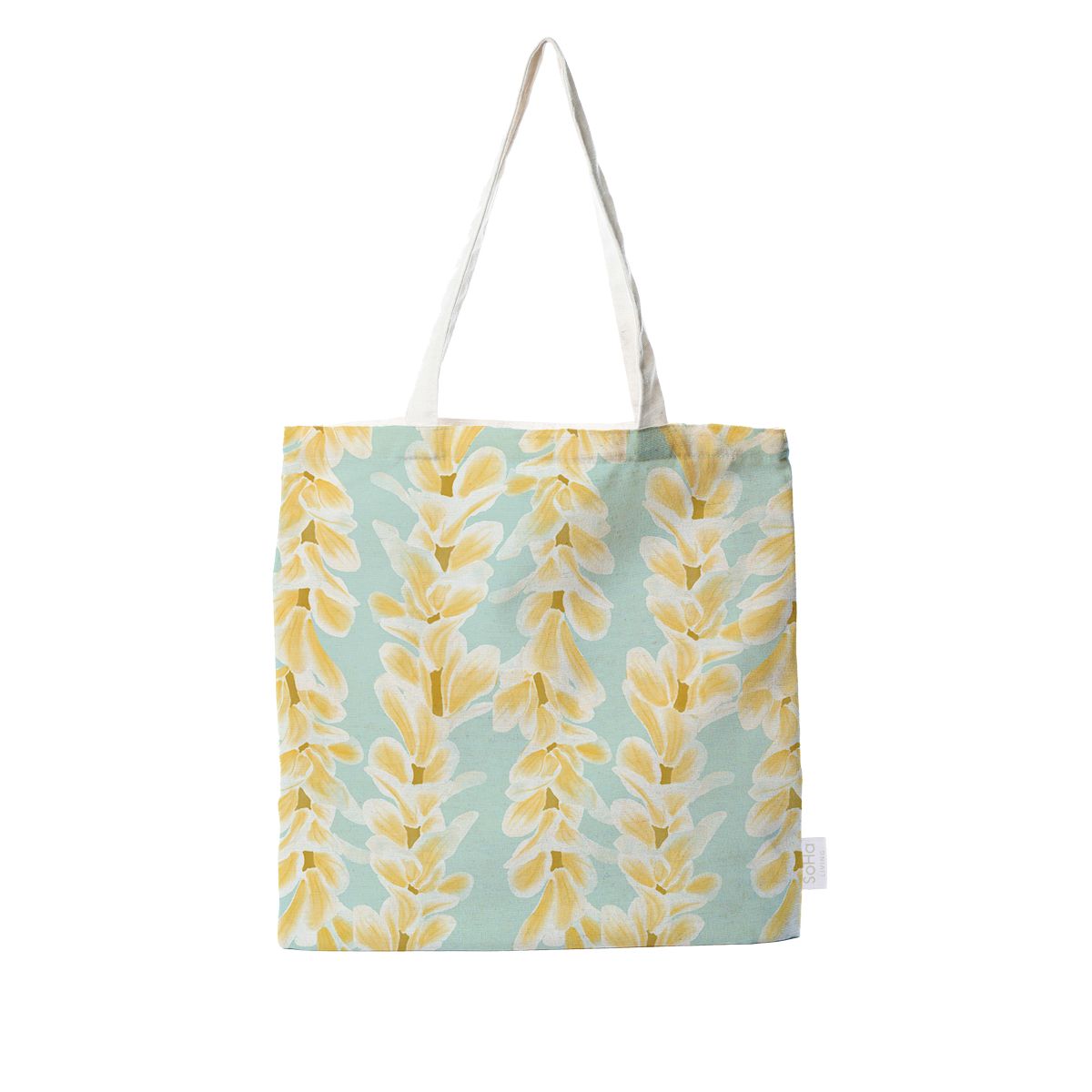 Plumeria Lei on Blue Tote – SoHa Living